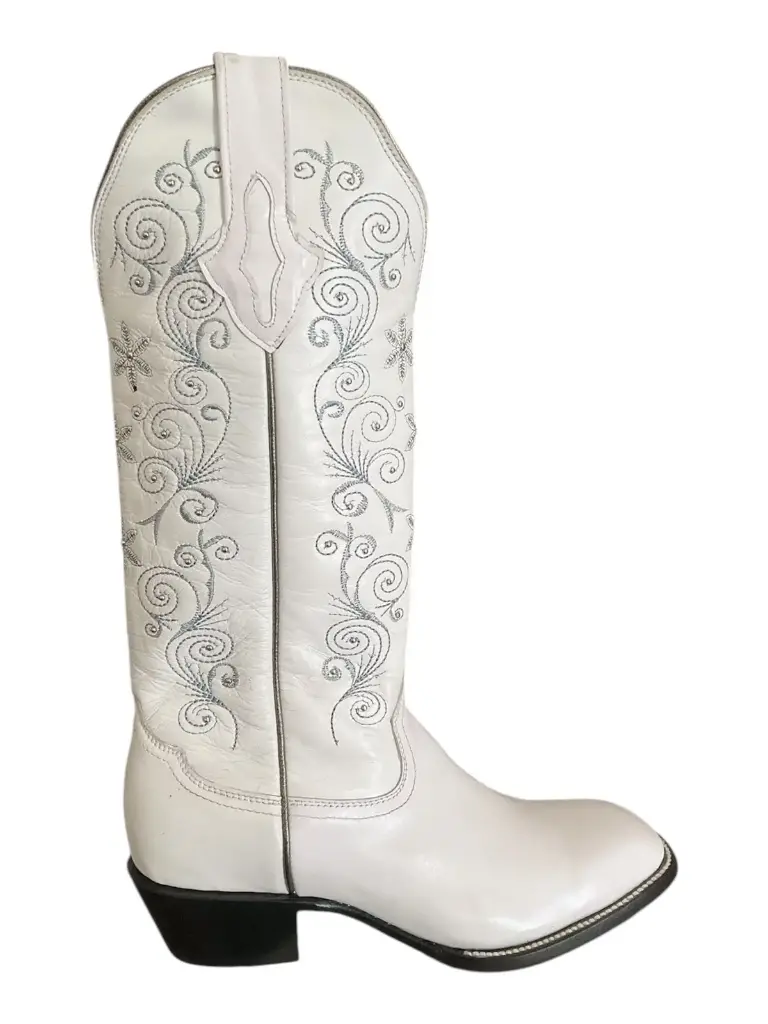 BOTA RODEO PIEL CABRA BLANCA HORMA DIAMANTE  TB/BORDADO T/CUBANO S/CUERO